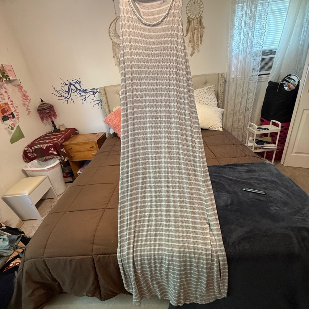 Gray and White Striped Maxi Sundress with Scoop Neck